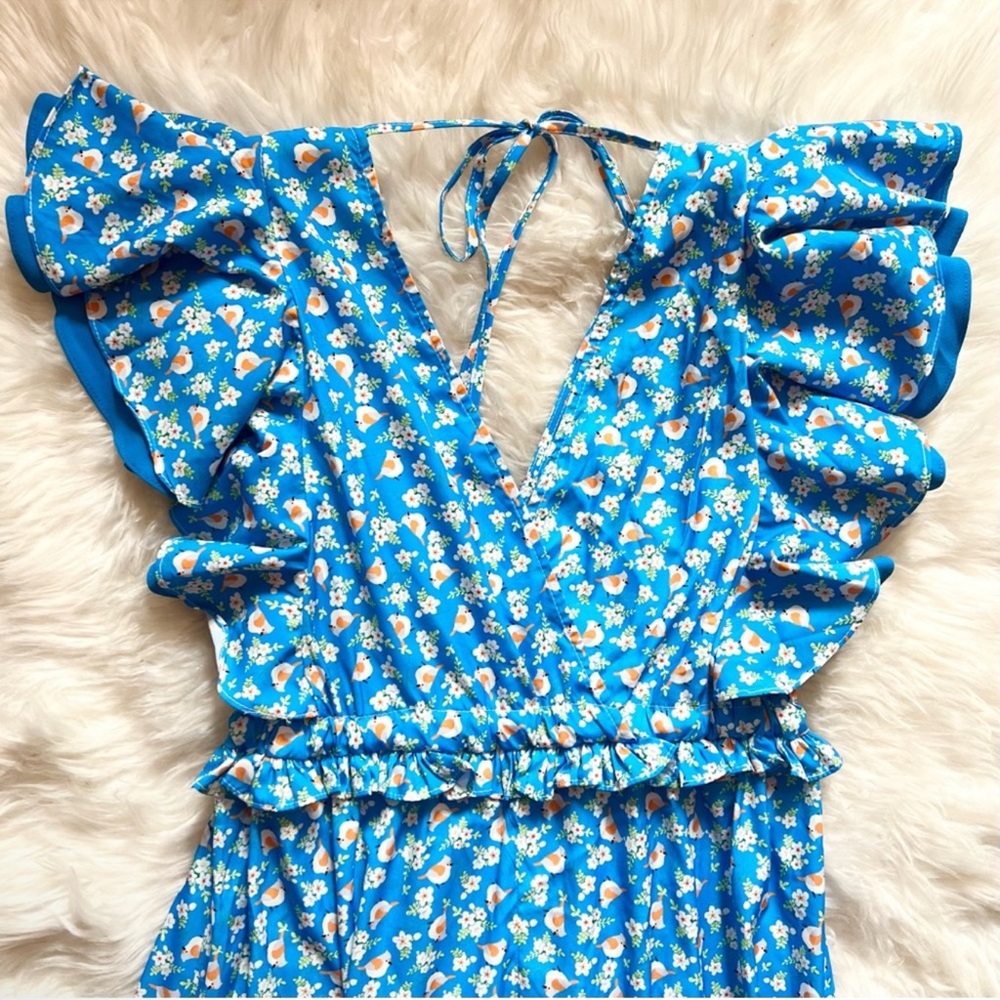 New! SENLIS Amalie Blue Floral Ruffle Midi Dress with Open Back - Picture 11 of 13